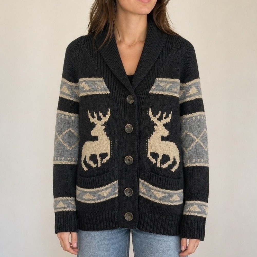Bluenotes Deer Fair Isle Inspired Button Front Cardigan Sweater Cozy Knit Size M